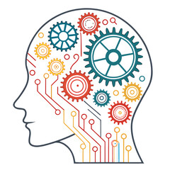 AI Head Profile with Gears and Circuits – Flat Vector
