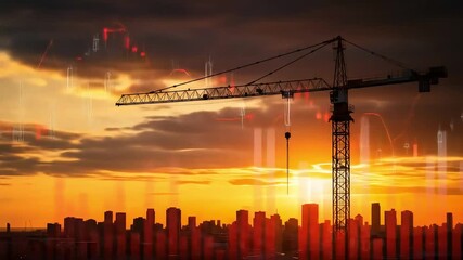 Crane silhouette against a sunset skyline with city buildings and superimposed stock market graphics - Powered by Adobe