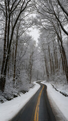Obraz premium Photo of a winding road leads through a snowcovered forest in winter