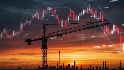 Crane silhouette against sunset sky with stock chart and city skyline overlay - Powered by Adobe