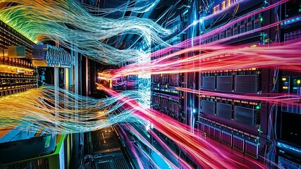 Vibrant data center with colorful fiber optic cables illuminating servers and technology in action - Powered by Adobe