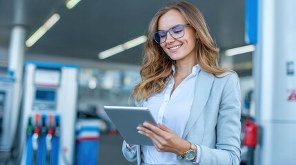 A smiling woman in business attire uses a tablet at a gas station, combining technology with everyday errands.