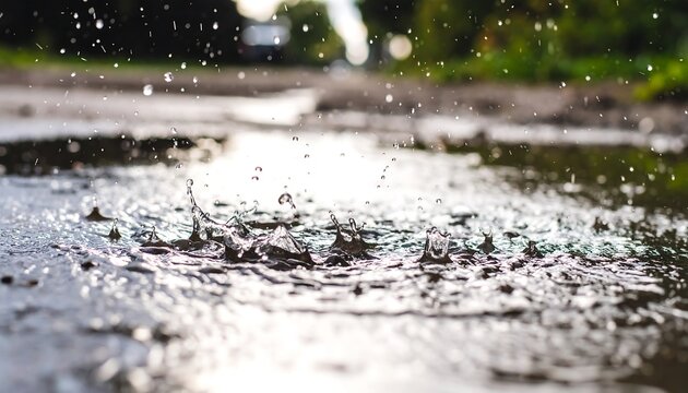 Close-up of rain splashing in a puddle - Powered by Adobe