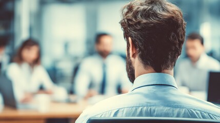 A man with a beard and curly hair in a formal shirt sits facing a blurred panel, likely in a professional or interview setting.