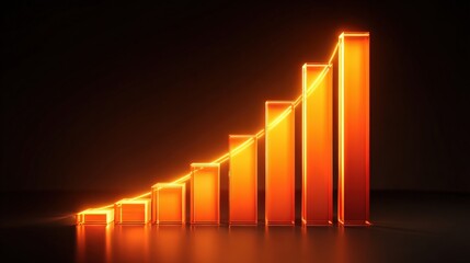 A glowing orange 3D bar graph with ascending rectangular bars set against a dark background, symbolizing growth and progress.
