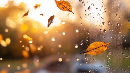 Raindrops cling to a cold windowpane with autumn leaves in the background stirred by golden air and a warm sunset glow