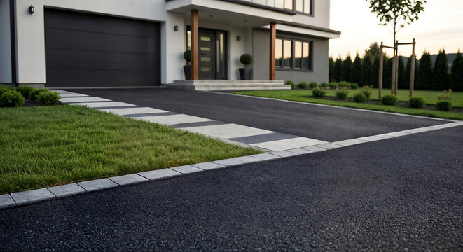 All&eacute;e en gravier enrob&eacute; devant le garage de la maison, design ext&eacute;rieur, am&eacute;nagement ext&eacute;rieur paysager