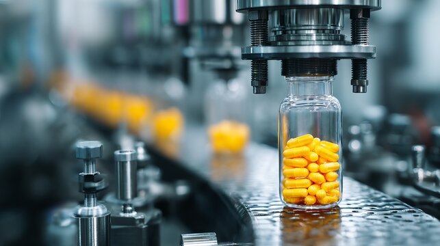 Automated pharmaceutical production filling capsule bottle on assembly line with precision technology and quality control checks for distribution - Powered by Adobe