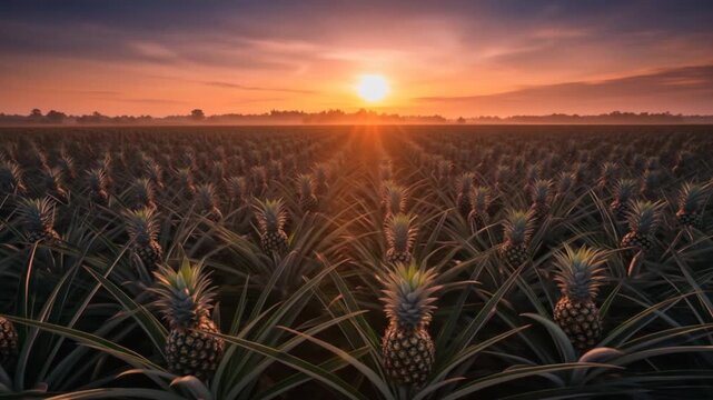 Pineapple Plantation at Sunrise: Rows of Fruit Under a Warm Sky