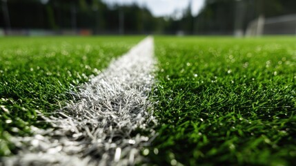Soccer Field Boundary: A captivating image showcasing the distinct white boundary line of a soccer field, contrasting beautifully against the vibrant green artificial turf.