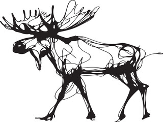 Minimalist and abstract continuous line drawing of a moose, black-and-white only