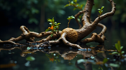 Fototapeta premium Close up of a bonsai tree with small leaves in shallow water