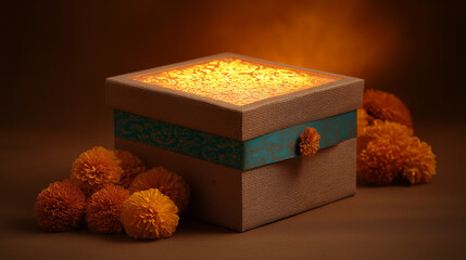 Sustainable diwali gift box crafted from natural jute fabric with intricate pattern