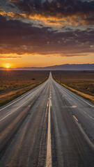 Photo of a long straight road leads to the sunset on the horizon