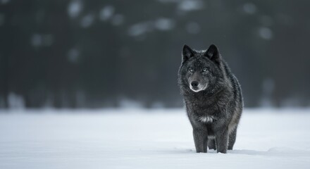 Obraz premium A solitary gray wolf stands alert in a snowy field, its eyes gazing intently at the distance.