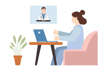 Illustration of a Female Patient Having a Video Consultation with a Medical Professional at Home