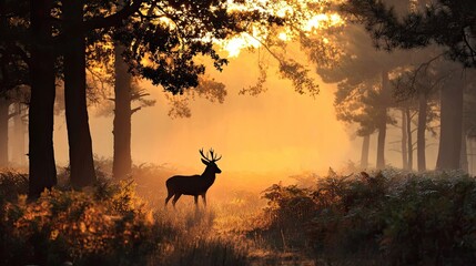 Silhouetted deer in golden sunrise forest