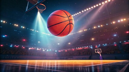 Dramatic basketball action shot with ball suspended above the court under bright stadium lights