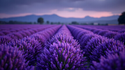 Obraz premium Lavender field stretches to distant mountains at dusk purple