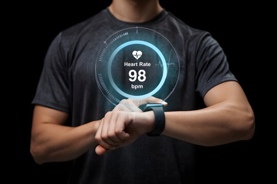 Man using smartwatch with heart rate monitor interface, representing wearable health technology and real-time fitness tracking. digital wellness solutions mobile health app.