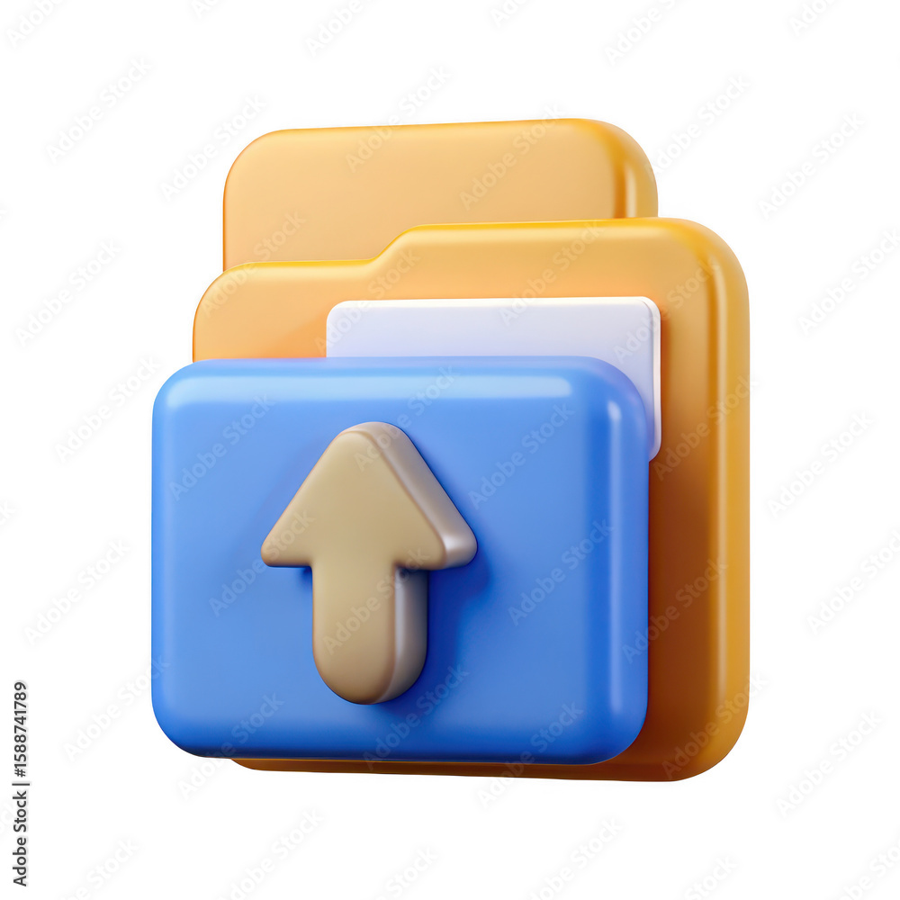 Poster 3d rendered folder icon with upload arrow symbol and layers isolated on transparent background