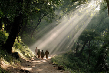  Kanwariyas walking through a forest trail with sun rays casting a divine light.
