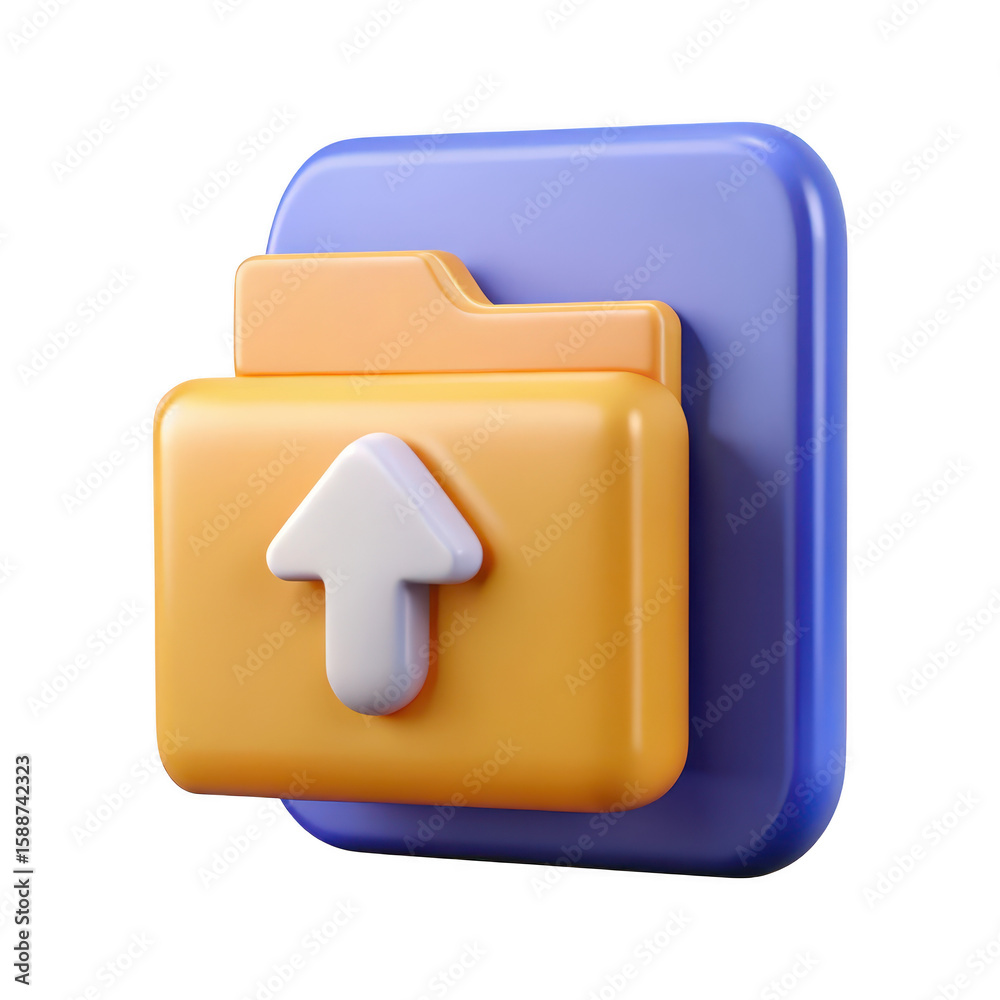 Poster stylized 3d folder icon with upward arrow symbol representing uploading data isolated on transparent