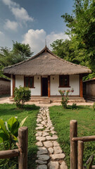 Obraz premium Photo of a traditional thatchedroof house in a lush green garden