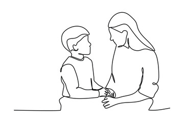 Continuous one line art of young mother talking with her son about goal and purpose of life at home, family life. Happy parenting concept.