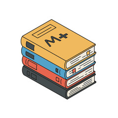 Stack of colorful books, isometric view, showing various sizes and spines.