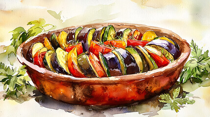 Watercolor Ratatouille A colorful and artistic representation of the traditional French dish with vibrant vegetables.