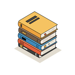 Stacked books with various colored covers and bookmarks, isometric view.