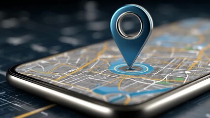 Smartphone with map application displaying floating location pin marker in augmented reality concept	
 - Powered by Adobe
