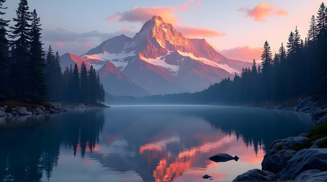 Mountain peak reflecting in lake surrounded by pine trees