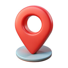 A vibrant red location pin marker with a circular opening sits on a light blue circular base isolated on transparent background