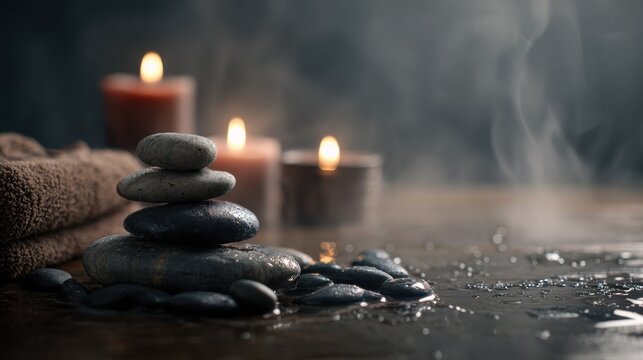 Zen and Relaxation: Candles and stones embody harmony and tranquility on a wet, dark surface, signifying inner peace and serenity.