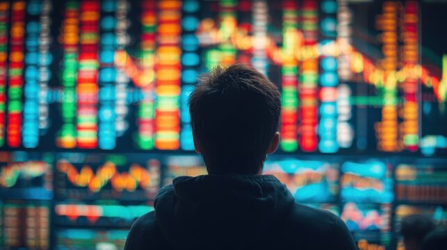 Analyzing the Data: A thoughtful individual observes a mesmerizing display of financial data. Capturing the essence of modern economics and market fluctuations.