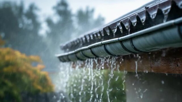 Heavy rain water streaming from house gutter with splashing droplets and vegetation	
