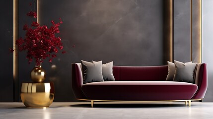 Sophisticated modern room with a burgundy velvet sofa, dark gray marble floor, wall-mounted gold lighting, and a sculptural ceramic vase .