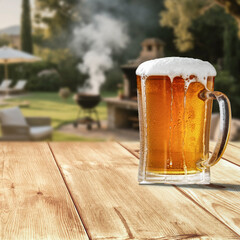 Glass of beer on wooden garden table – backyard relaxation at home. In the blurred background, a lush green garden and patio area with outdoor furniture behind a house.