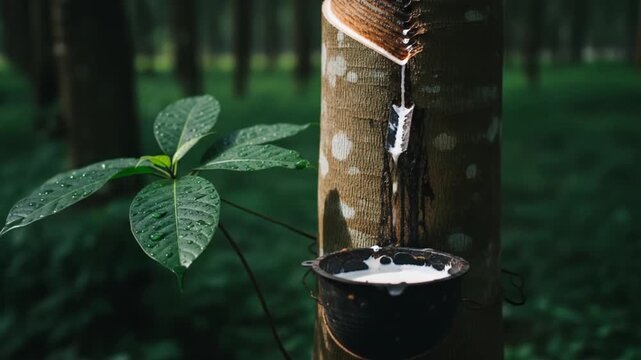 Rubber tapping process: Collecting latex from a rubber tree in a lush forest environment