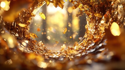 Naklejka premium Dynamic spiral of falling leaves forming a circular ring in mid-air in a misty forest setting