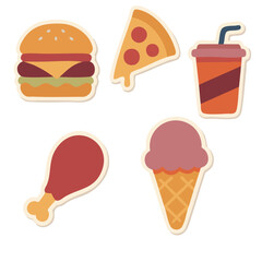  Colorful fast food icons including burger, pizza, soda, and ice cream.