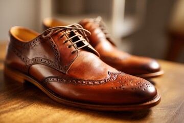 Quality brown leather dress shoes on display in a stylish interior setting with warm lighting