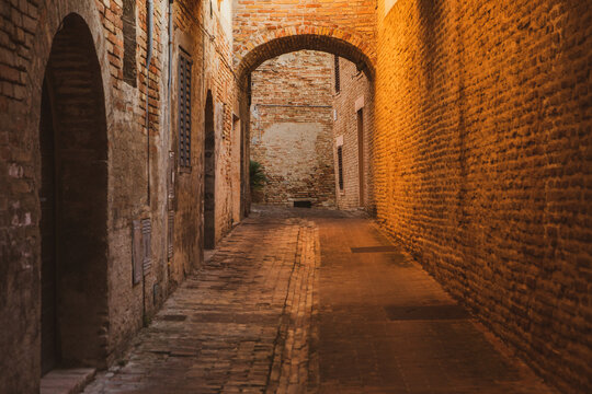 The traditional narrow medieval streets in Corinaldo, considered one of the most beautiful in Italy