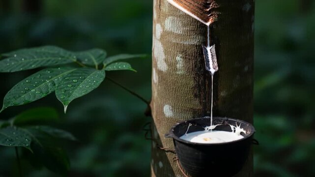 Rubber tapping process: Fresh latex dripping into a bucket from a rubber tree in a lush forest