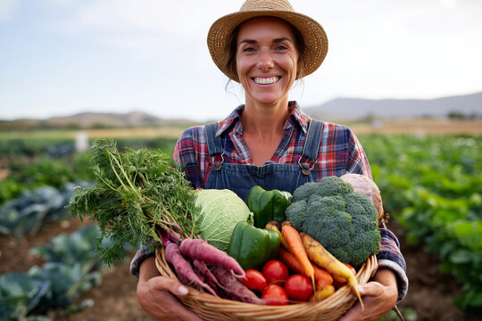 A smiling female farmer holding fresh vegetables in her hands, standing in the field of an organic farm. The woman is wearing overalls and a hat, joyfully looking at the camera. A - Powered by Adobe