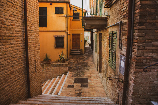 The traditional narrow medieval streets in Corinaldo, considered one of the most beautiful in Italy