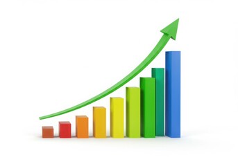 Colorful bar chart with upward trend arrow isolated on white background