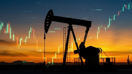 Oil pump jack silhouetted against sunset sky overlaid with stock market candlesticks - Powered by Adobe